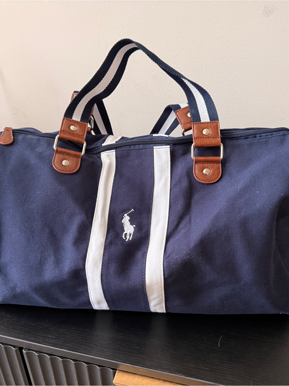 Polo by Ralph Lauren Navy Canvas Duffel with White Stripes and Brown Trim